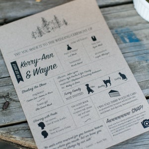 May include: A wedding ceremony program printed on brown paper with a rustic design. The program includes the names of the bride and groom, Kerry-Ann and Wayne, the date of the wedding, July 29, 2017, and a list of the wedding party members. The program also includes a section for the furry family, which is not invited to the wedding.