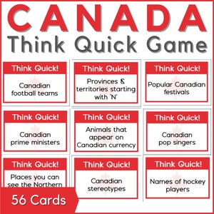 Op de afbeelding: Een rood en wit kaartspel met de titel "CANADA Think Quick Game". De kaarten hebben verschillende prompts voor spelers om antwoorden te bedenken, zoals "Canadese voetbalteams", "Provincies en gebieden die beginnen met 'N'" en "Populaire Canadese festivals". Het spel bevat 56 kaarten.