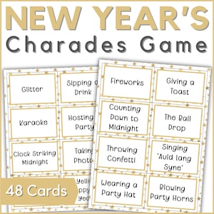 Afdrukbare oudejaarscharadekaarten - familiecharades-spelkaarten voor oudejaarsavondspel of een nieuwjaarsactiviteit - kinderen, familie of volwassenen