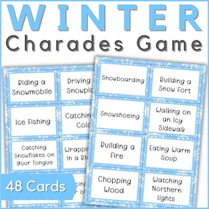 Tarjetas de charadas imprimibles de invierno: tarjetas de juego de charadas familiares para juegos de fiesta de vacaciones o una fiesta de clase de invierno: aptas para toda la familia, para niños o adultos