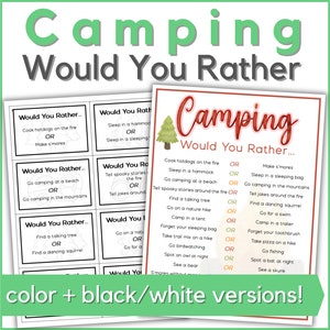 Campingfeld, würdest du lieber Spiel - druckbar diese oder jenes Sommercamp, Roadtrip oder Geburtstagsfeieraktivität für Kinder