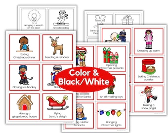 May include: A collection of illustrated Christmas-themed flashcards in color and black and white. Each card features a different holiday activity, such as decorating a gingerbread house, skiing, or opening presents. The cards are framed in red.