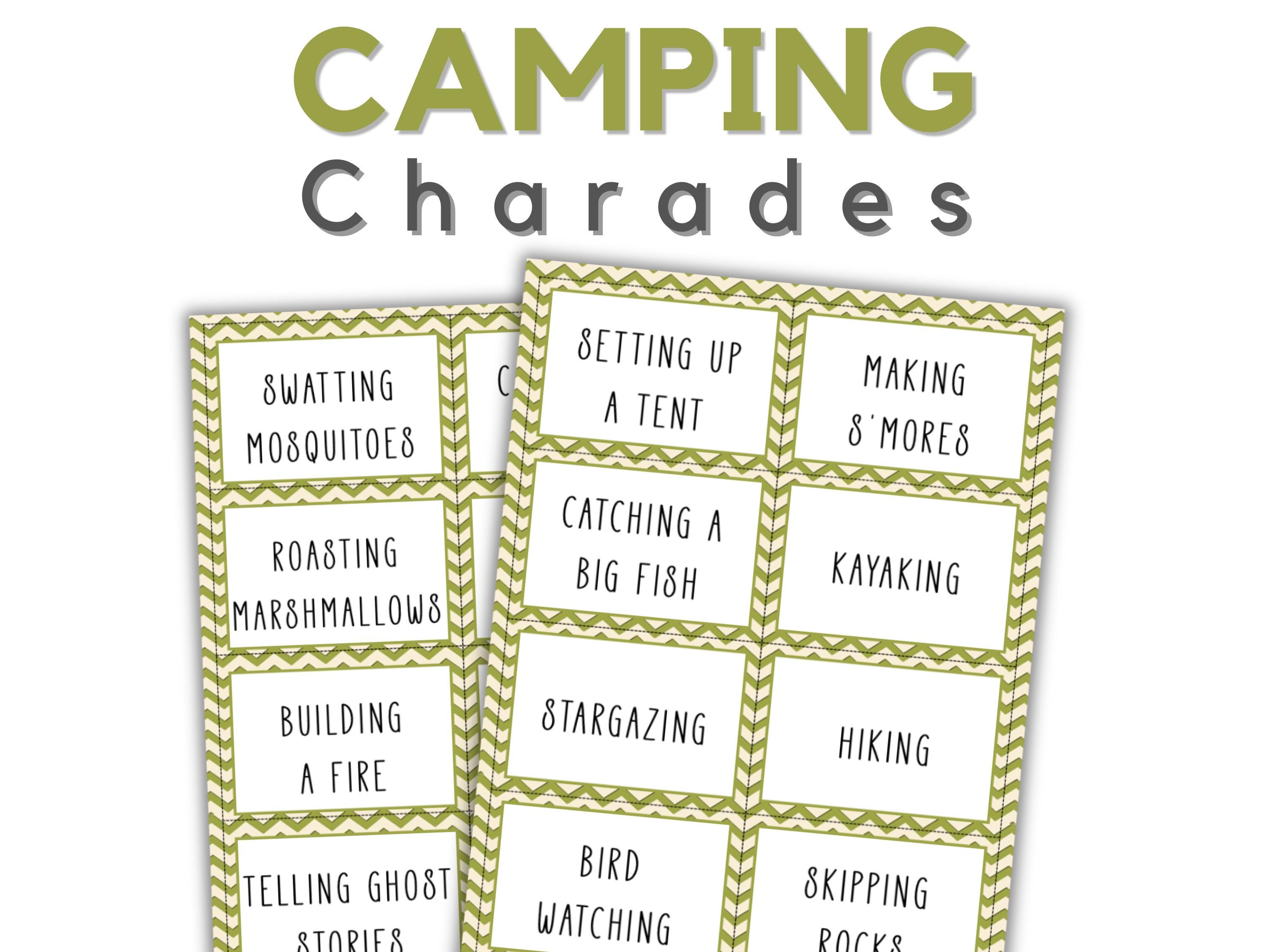 Camping Charades Printable Game Cards for Adults, Kids & Family Fun Camping-Themed Activity for Summer Campers