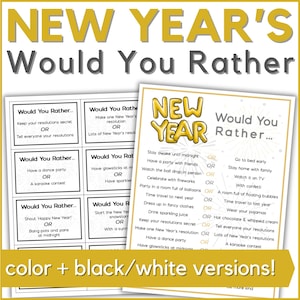 May include: A printable New Year's Eve game with the text "Would You Rather..." and a list of questions. The game is available in colour and black and white versions.