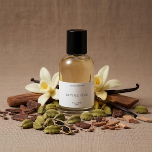 Peut inclure: Un flacon de parfum en verre transparent avec un bouchon noir et une étiquette blanche portant l'inscription EAU DE PARFUM ROYAL OUD Foreverfinds 50ml. Il est entouré de gousses de cardamome verte, de fleurs et gousses de vanille et de bois.