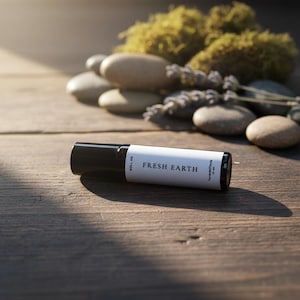 Peut inclure: Un petit flacon à bille en verre ambré avec un bouchon noir et une étiquette blanche. L'étiquette porte le texte "FRESH EARTH" en noir, ainsi que "ROLL ON" et "ForeverFinds 10 ml". Le flacon est posé horizontalement sur une surface en bois.