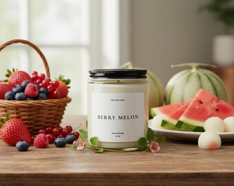 Berry Melon Soy Candle - Fruity Scented Candle, Handpoured Natural Wax, Sweet Summer Blend, Birthday Gift for Her, Home Decor