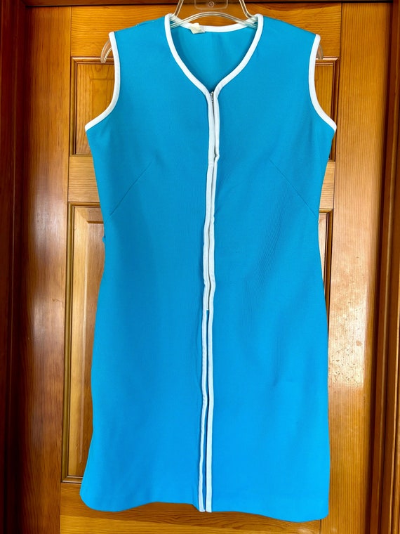 Blue shift dress with white trim