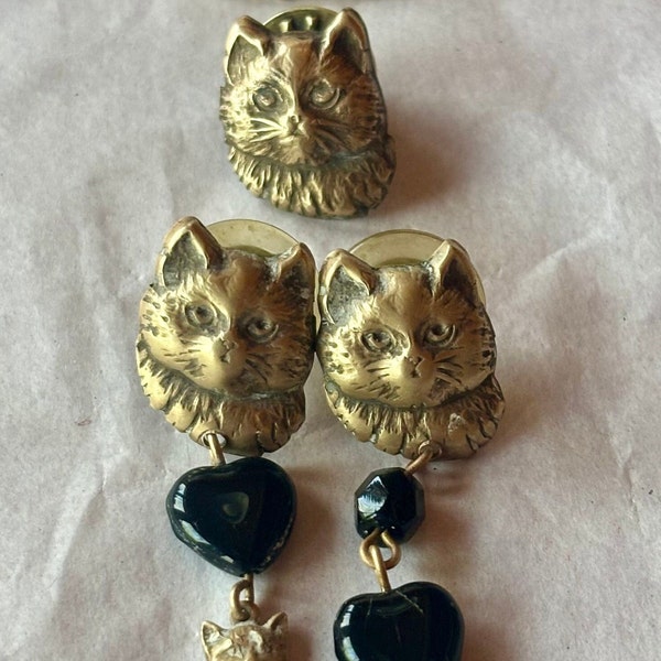 Vintage 1990s Ballou Brass Cat Earrings and Pin Assortment