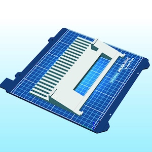 May include: A 3D-printed white and gray component sits on a blue grid surface. The component has a rectangular shape with a series of parallel lines and a central opening. The surface has the text "ORIGINAL PRUSA MK4S by Josef Prusa".