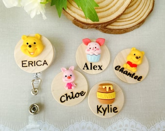 Pooh Bear and Piggy Name Badge Reel/ Personalized Sunflower Name Badge/ Nurse Badge Reel / Office Name Badge Reel