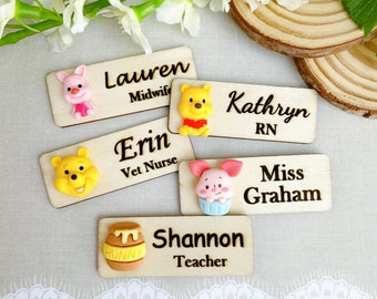 Pooh Bear and Piggy Name Badge Tag / Personalized Name Tag / Nurse Badge / Teacher Badge / Office Name Badge