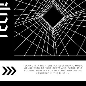 May include: Black and white graphic design with the word "TECHNO" in bold, stylized letters. The image features a geometric grid pattern and text that describes techno music as high-energy electronic music.