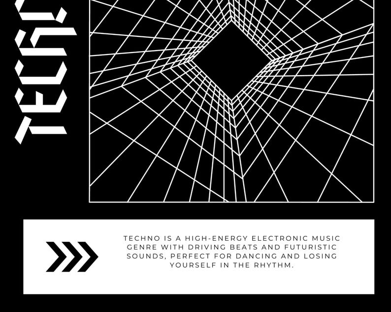May include: Black and white graphic design with the word "TECHNO" in bold, stylized letters. The image features a geometric grid pattern and text that describes techno music as high-energy electronic music.
