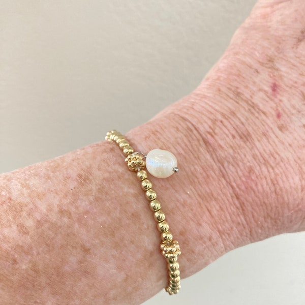 stretch gold beaded pearl bracelet,  summer beach jewelry mothers day
