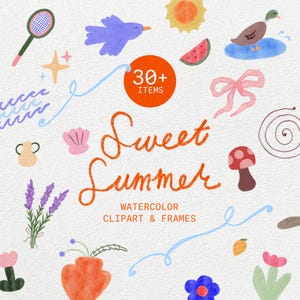 Sweet Summer Illustrations and Frames, Watercolor Summer Icons, Whimsical Watercolor Icons, Hand Drawn Watercolor Clipart