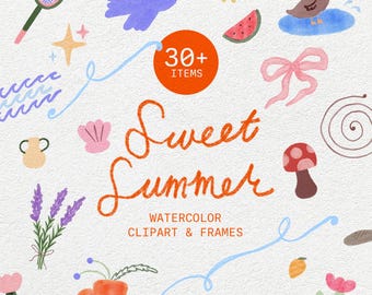 Süße Sommer Illustrationen und Rahmen, Aquarell Sommer Ikonen, Wunderliche Aquarell Ikonen, Handgezeichnet Aquarell Clipart