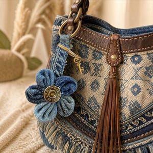 May include: A denim handbag featuring a beige and blue geometric pattern, brown leather trim, and a long leather tassel. A denim flower charm with a metal center and a small gold-tone key charm are attached to the brass ring on the handle.