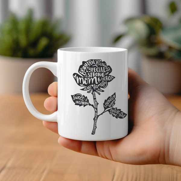 Calligramme d'une rose | Boîte cadeau personnalisée avec tasses pour la fête des mères | Tasse à café en céramique pour la fête des mères | Meilleurs cadeaux pour maman |