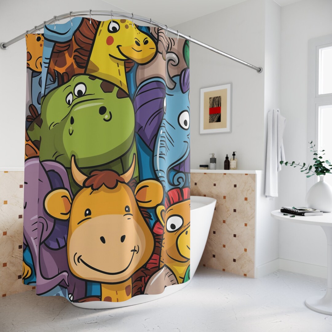 Cartoon Zoo Animal Shower Curtain | Kids Shower Curtain, Kids Bathroom ...