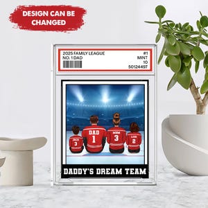 Hockey n° 1 papa grand-père homme et enfants assis style carte à collectionner plaque acrylique personnalisée, cadeau d'anniversaire de fête des pères pour amateur de hockey