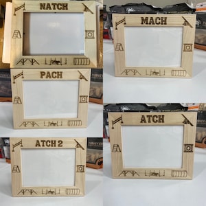 May include: Four wooden picture frames with different dog names and agility equipment designs. The names are Natch, Mach, Pach, and Atch.