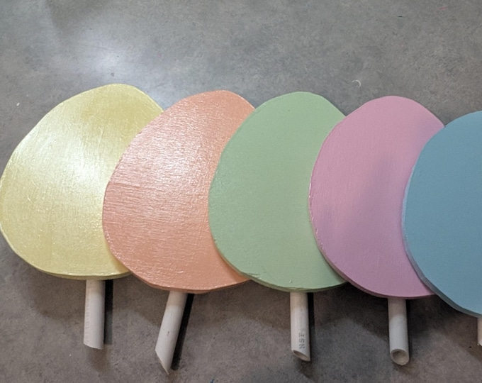 Set of 6 Pastel Colored Wooden Egg Easter Decorations with posts - Duel Sided - All Weather