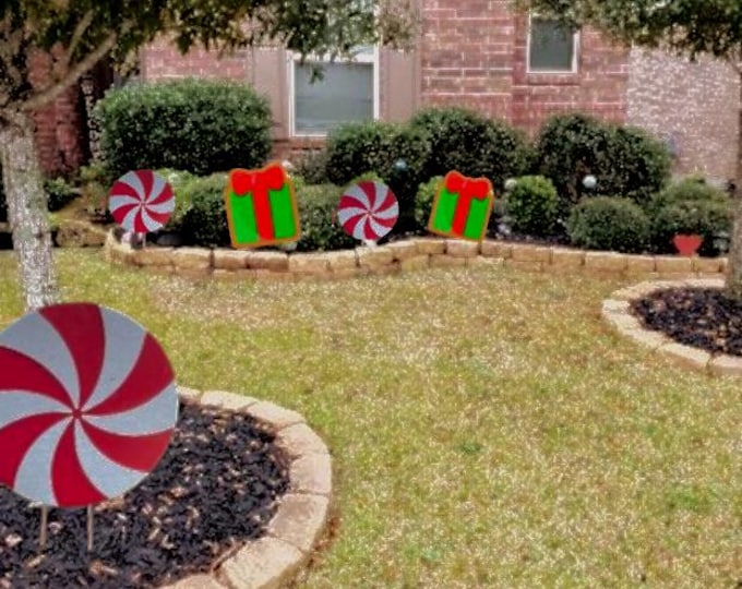 Glittered Peppermint Christmas  pathway marker wooden cutouts Yard Art Easy setup