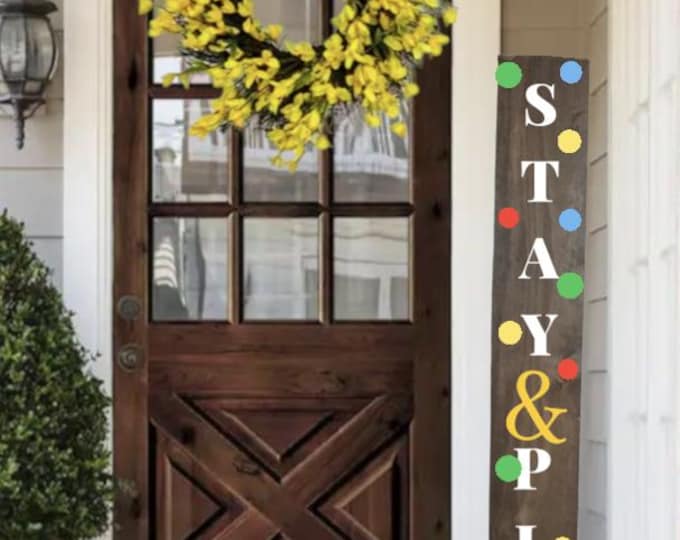 Colorful Polka Dot Stay & Play Wooden Porch Leaner Welcome Sign