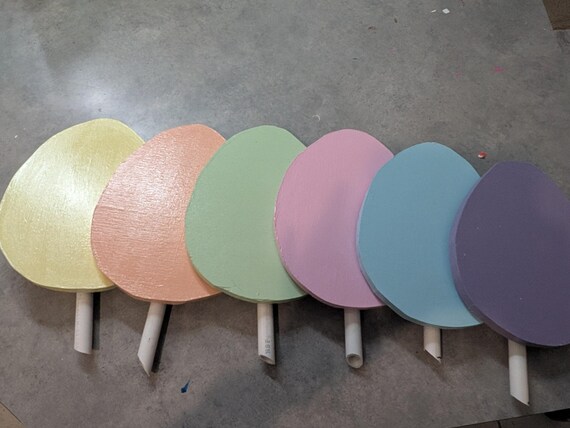 Set of 6 Pastel Colored Wooden Egg Easter Decorations with posts - Duel Sided - All Weather