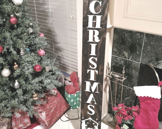 Taller Nativity Christmas Porch Sign: Weatherproof Wooden Leaner with Burlap Bow