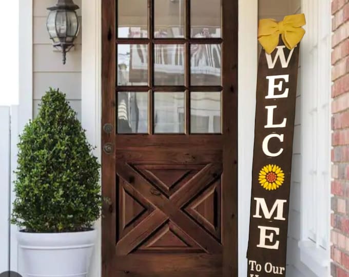 Sunflower Welcome Porch Sign: Rustic Vertical Leaner with Burlap Bow