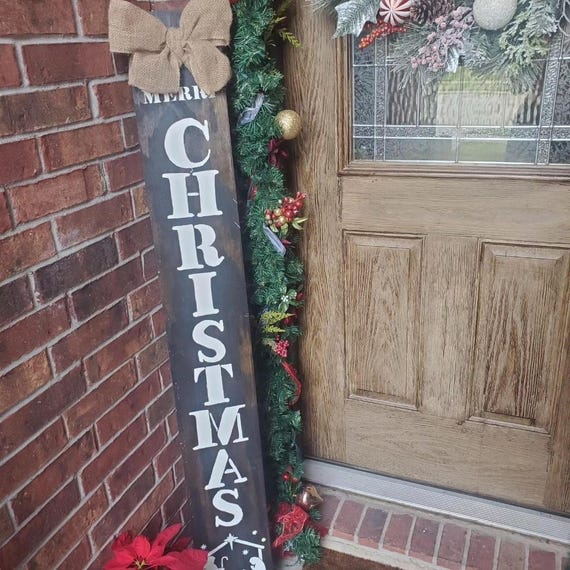 Nativity Merry Christmas Porch Sign: Rustic Burlap Bow - All Weather
