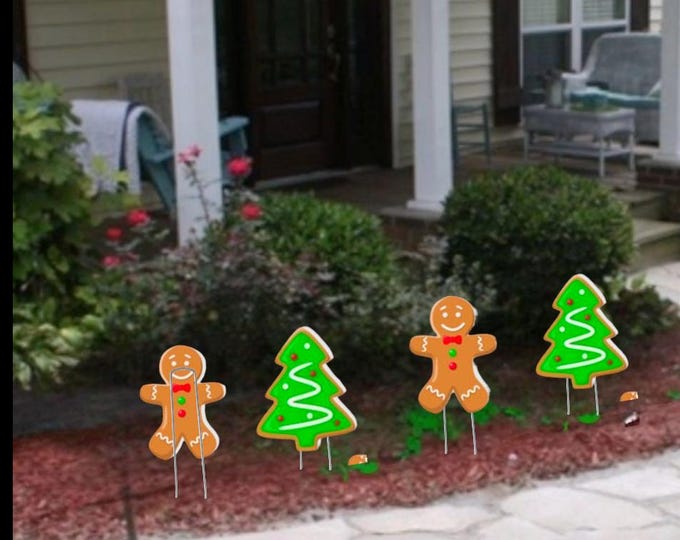 Gingerbread Man and Christmas tree pathway marker wooden cutouts Yard Art Easy setup