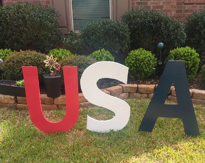 Solid Wood Handcrafted U-S-A Patriotic Yard Art – Hand-Painted Red white blue Patriotic Decor, All-Weather Display Hardware/posts included
