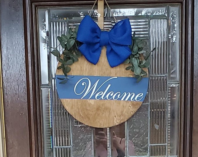 Hand painted Wooden Wreath / door hanger - Natural Handtied Jute Burlap Bow and Eucalyptus Branches