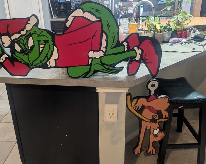 Rooftop Grinch and Hanging max Stealing lights - Wooden Christmas Grinch Yard Art - h.w. and clips included