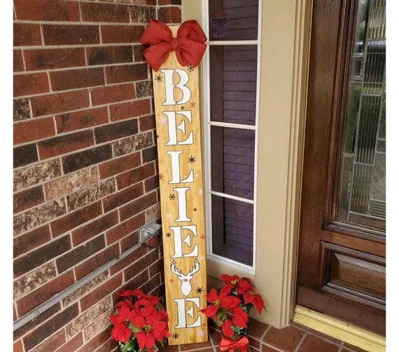 Tall Rudolph BELIEVE Christmas Porch Leaner  Sign with Handtied Jute Burlap Bow - All Weather