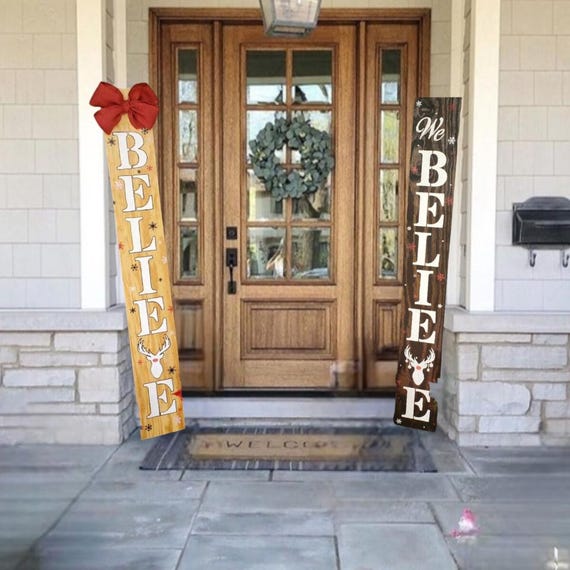 BELIEVE Christmas Porch Leaner  Sign with Handtied Jute Burlap Bow - All Weather