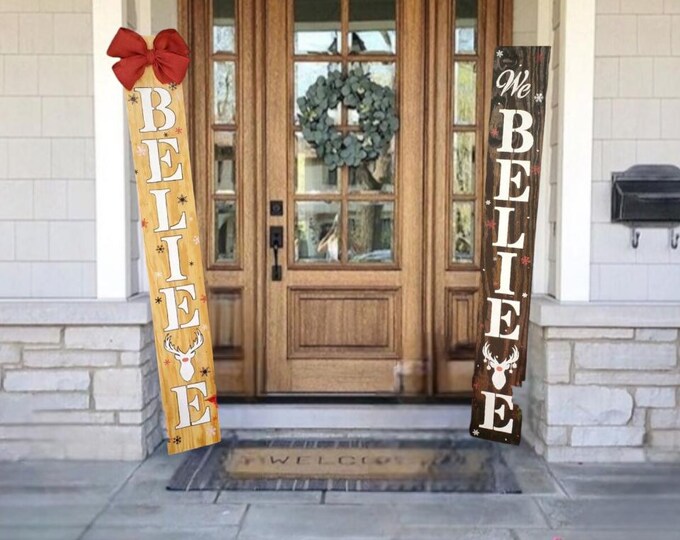 BELIEVE Christmas Porch Leaner  Sign with Handtied Jute Burlap Bow - All Weather
