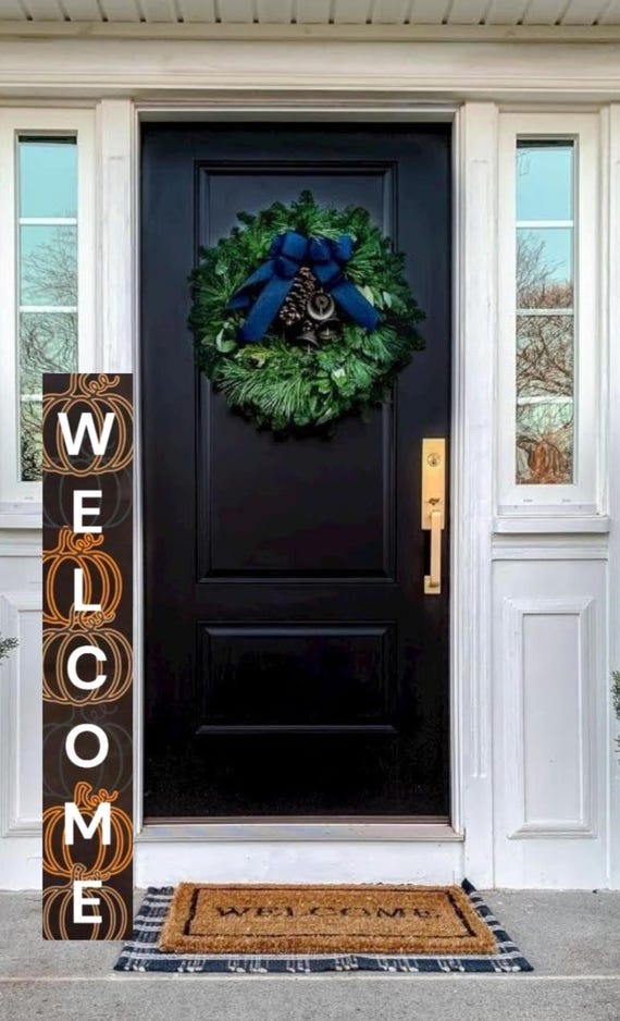 Pumpkin WELCOME ' Wooden Porch Leaner Sign with stacked pumpkin scrolling