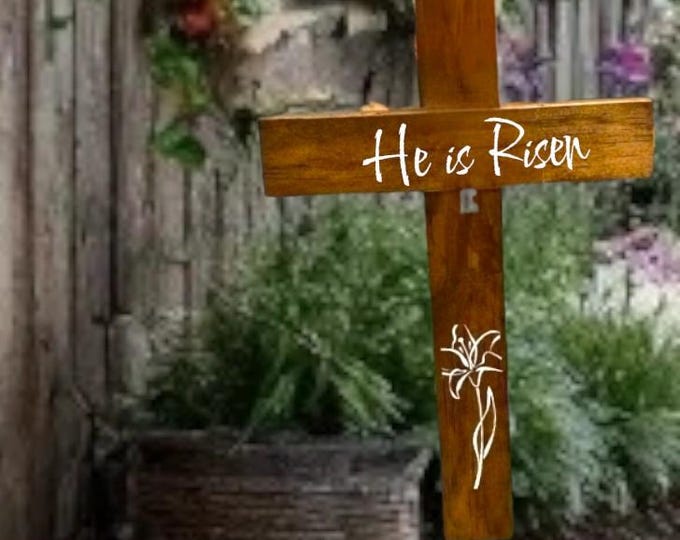Rustic Easter Cross – "He Is Risen" Wooden Decor with Lily