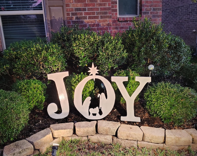 Solid Wood Handcrafted JOY Nativity Wooden Yard Art Christmas Nativity Religious Yard Art Christmas Indoor/Outdoor Decoration Post Included