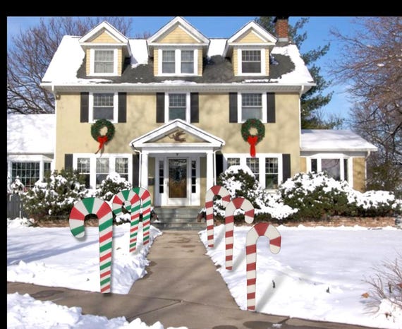 XL Christmas Candy Cane Wooden Yard Decorations 41 inch -Dbl. Sided Fully Painted- Weatherproof - Hardware/Post Included