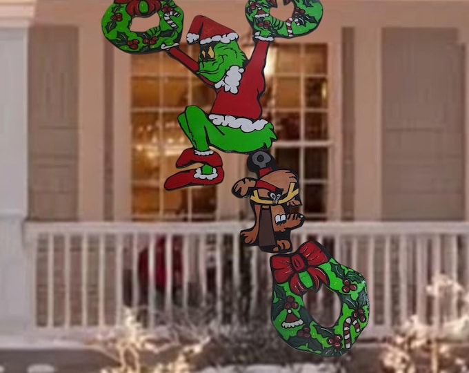 Handcrafted Wooden Grinch Yard Art – Swinging Between Wreaths (Max Sold Separately)