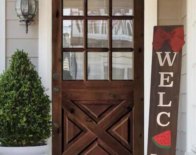 Watermelon Welcome Porch Leaner Sign with Handtied Natural Jute Burlap Bow