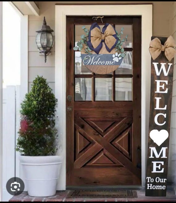 White Heart Welcome Wooden Porch Leaner With with Handtied Burlap Bow in Nuetral