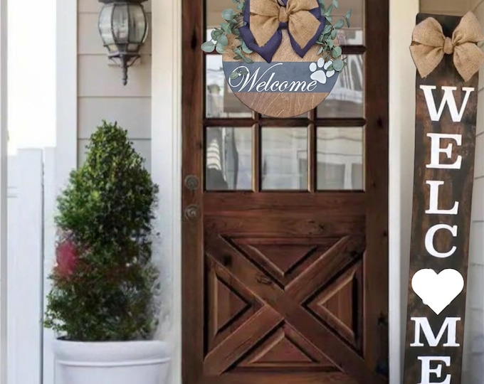 White Heart Welcome Wooden Porch Leaner With with Handtied Burlap Bow in Nuetral