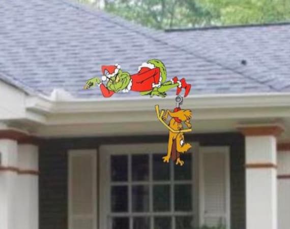 Rooftop Grinch and Hanging max Stealing lights - Wooden Christmas Grinch Yard Art - h.w. and clips included