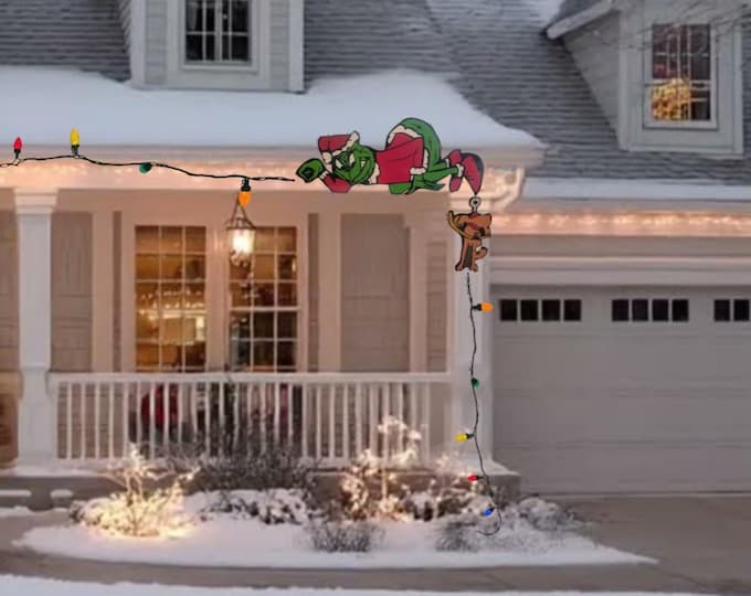 Grinch Gutter Christmas Yard Art with Swinging Max | Large Hand Painted Wooden Grinch Porch & Roof Decoration | Outdoor Christmas Decor